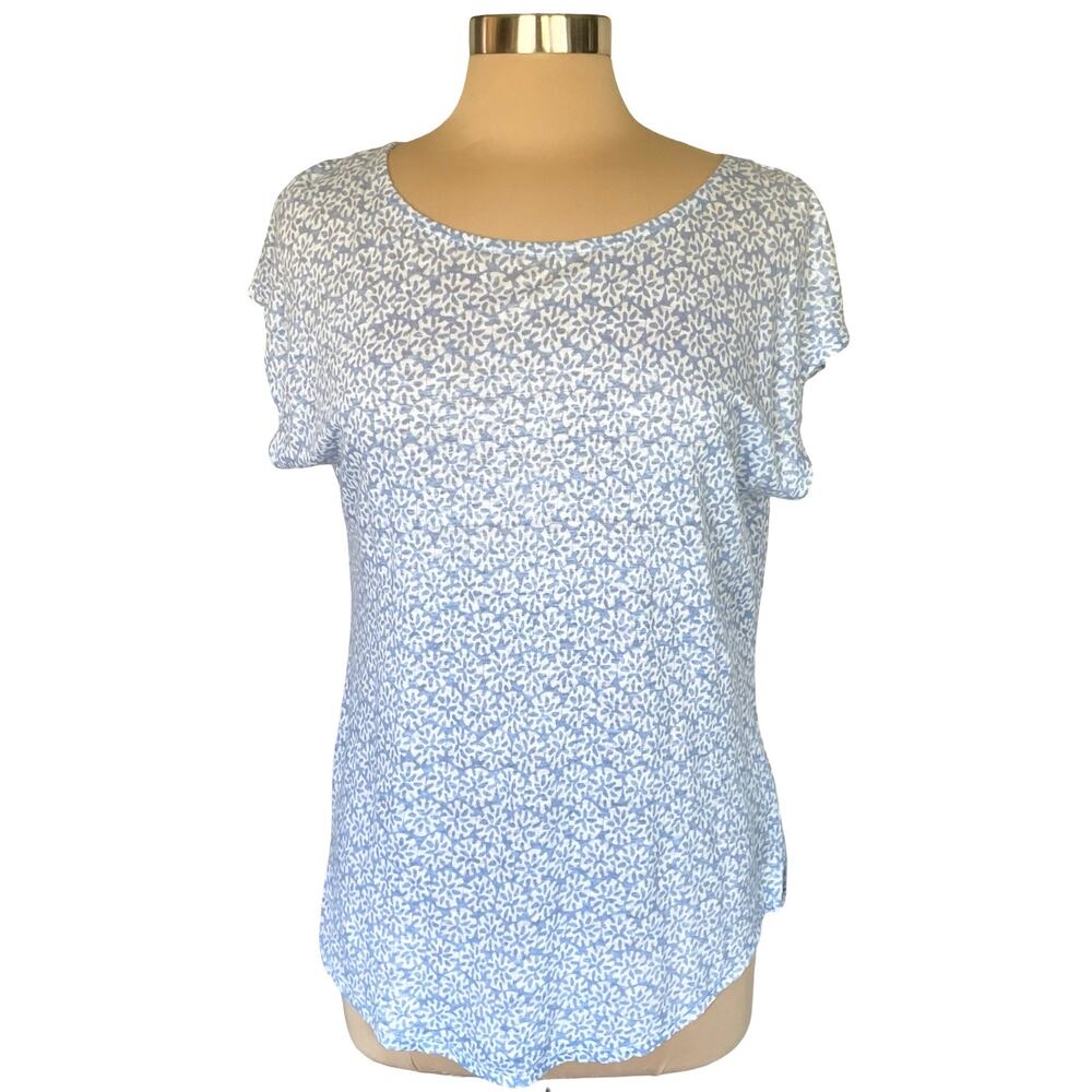 Sigred Olsen 100% Linen Short Sleeve T-shirt Blue Floral Print MED Summer Casual